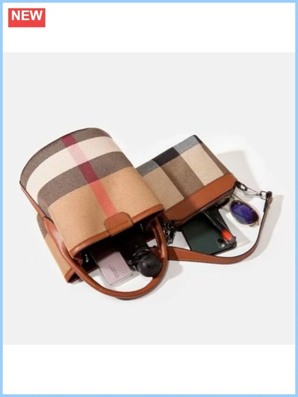 Plaid Bucket Tote Bag with Top Handle and Adjustable Shoulder Strap